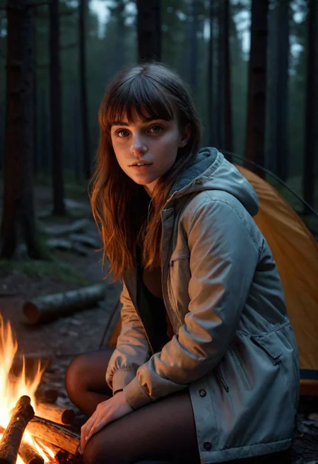 realistic photograph of a young (sexy:1.3) bangs haired woman camping in the forest sitting near a campfire at night, close up, highly detailed face, dark, dramatic lighting, pale skin, light clothes, (smiling:0.6)