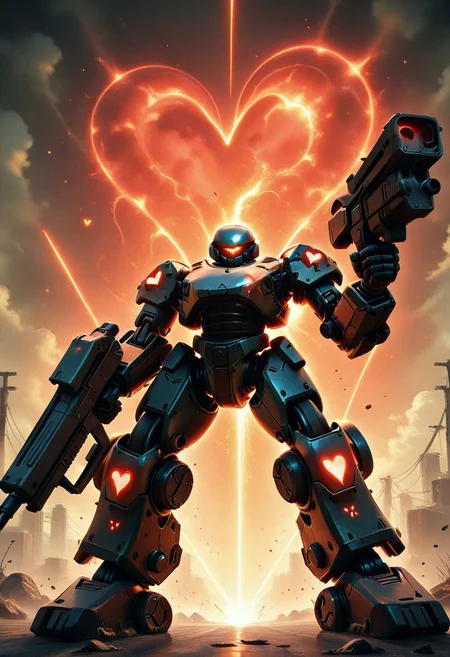 kftlove, (MRS), super fine concept art, extremely detailed, 1mecha, solo, a heavy mech, looking at viewer, a shattering heart in the background, fighting, holding weapon, hard surface, hawken, glowing eyes, sci-fi, ral-sprnva, volumetric lighting, cinematic shadows, zavy-dtchngl, dynamic angle, from below
