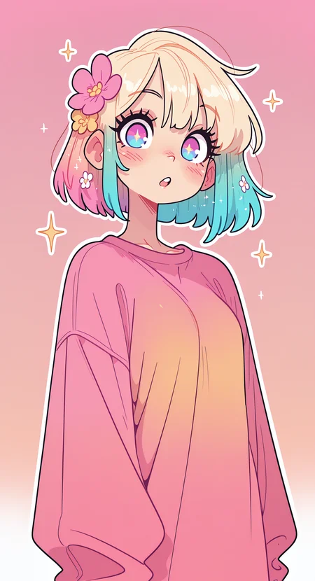 masterpiece, best quality, good quality, newest, highres, absurdres, 1girl, solo, looking at viewer, blush, open mouth, short hair, blue eyes, shirt, blonde hair, long sleeves, hair ornament, blue hair, upper body, pink hair, flower, multicolored hair, parted lips, hair flower, gradient background, sparkle, gradient hair, aqua hair, pink background, pink shirt, outline, multicolored eyes, white outline, multicolored background, multicolored shirt, rainbow hair, Rapscallionstyle,
Flatline, Flat vector illustration <lora:illustriousXL_stabilizer_v1.23:0.3> <lora:NOOB_vp1_detailer_by_volnovik_v1:0.3> <lora:ponyv6_noobE11_2_adamW-000017:0.3> <lora:checkpoint-e18_s306:1.6> <lora:Rapscallion_Illustrious:0.8>