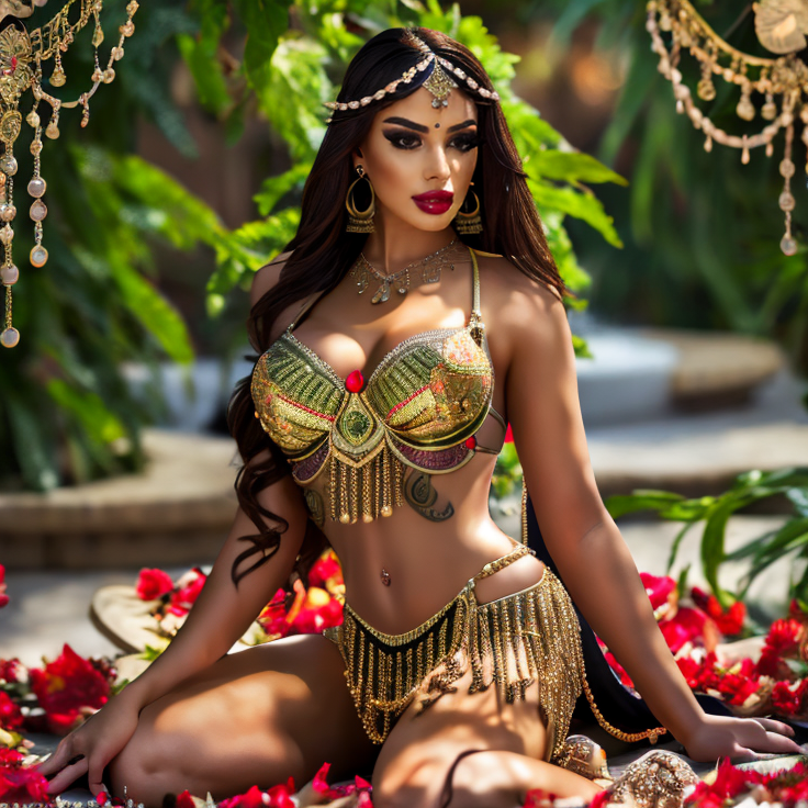 (masterpiece:1.2), (best quality,:1.2), 8k, HDR, ultra detailed, ((photorealistic)), perfect anatomy, professional light, cinematic lighting, fashion photography, ambient lighting,<lora:detail_slider_v4:2.5>, Angelique, <lora:Angelique-10:1>, earrings, dark makeup, as exotic dancer, (full body shot), wearing intricate FanDan costume, necklace, belly chain, headpiece, <lora:FantasyDancer-10:0.7>, seductive pose, epiCPhoto