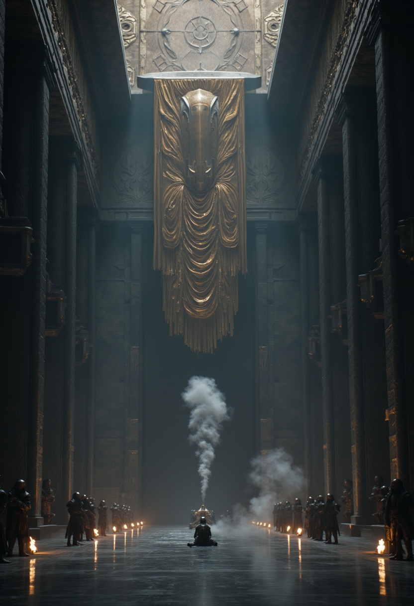 <lora:ck-dune-style_r1-000017:1>, ckdunestyle, ckmoviestyle, A vast throne room of obsidian and gold stretches into infinity, its towering columns wrapped in shimmering metallic banners. A ruler, adorned in flowing silk robes that shift like liquid in the dim torchlight, sits motionless upon a throne of sculpted black stone. His advisors, dressed in rigid ceremonial armor, stand in silent formation, their visors obscuring their expressions. At the chamber’s edge, a lone figure kneels—cloaked in shadow—whispering a prophecy that could shape the fate of empires. Smoke drifts lazily from braziers of molten incense, curling through the air like forgotten prayers. The light is eerie, a fusion of cold twilight blues and the molten glow of deep orange embers. The scene radiates a sense of intrigue and power, a moment frozen in time before destiny unfolds.