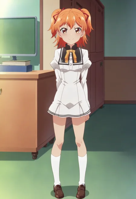 score_9, score_8_up, score_7_up, score_6_up, score_5_up, score_4_up , anime coloring ,BREAK source_anime, anime,screencap,
1girl, solo, aikat, red hair ribbon, white sailor dress, black sailor collar, white kneehighs, brown loafers, <lora:PonyXL Aika Tenkuubashi V1:1>
indoors, school,
smile, looking at viewer,