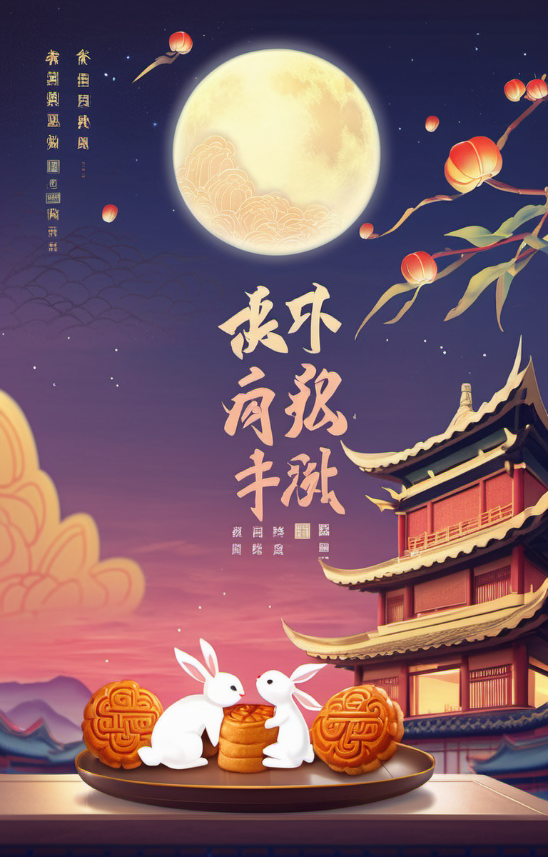 concept art masterpiece,best quality,<lora:zqhb-000009:0.8>,scenery,bunny,east_asian_architecture,full_moon,poster design,night_sky,border,say,put the mooncakes on the plate, . digital artwork, illustrative, painterly, matte painting, highly detailed