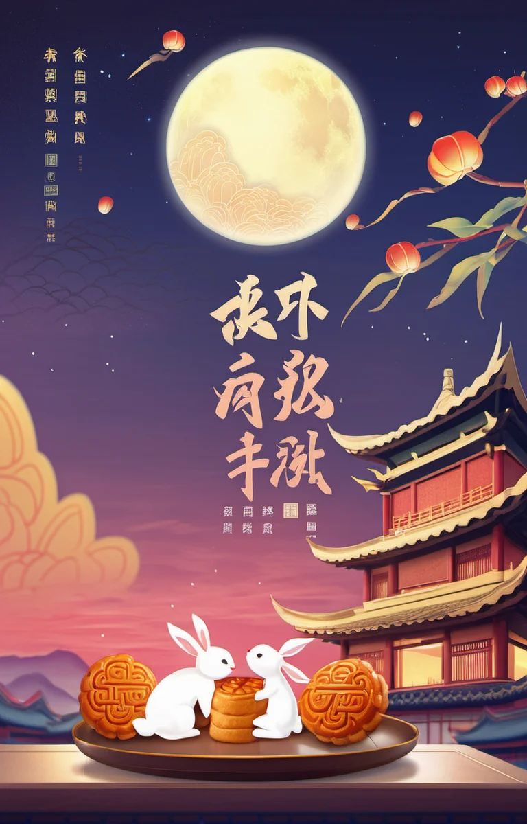 concept art masterpiece,best quality,<lora:zqhb-000009:0.8>,scenery,bunny,east_asian_architecture,full_moon,poster design,night_sky,border,say,put the mooncakes on the plate, . digital artwork, illustrative, painterly, matte painting, highly detailed