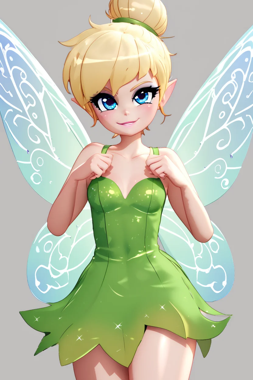 score_9, score_8_up, score_8, medium breasts, (curvy), cute, eyelashes, BREAK, TinkerWaifu, fairy wings, blonde hair, blue eyes, green dress, sexy, hair bun,, <lora:tinkerbellPonyXL_character:0.8>,, <lora:MantisStyle_PDXL_v2:1.0>, BREAK, smile, looking at viewer, cowboy shot, embedding:zPDXL, Expressiveh, <lora:SDXLFaeTastic2400:0.5>, <lora:Expressive_H-000001:0.4>,