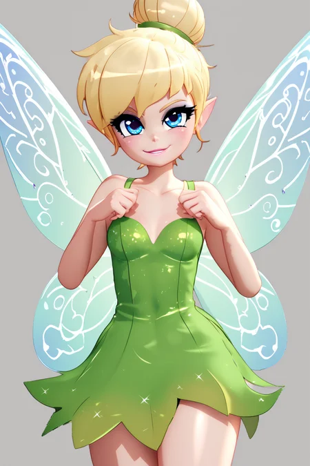 score_9, score_8_up, score_8, medium breasts, (curvy), cute, eyelashes, BREAK, TinkerWaifu, fairy wings, blonde hair, blue eyes, green dress, sexy, hair bun,, <lora:tinkerbellPonyXL_character:0.8>,, <lora:MantisStyle_PDXL_v2:1.0>, BREAK, smile, looking at viewer, cowboy shot, embedding:zPDXL, Expressiveh, <lora:SDXLFaeTastic2400:0.5>, <lora:Expressive_H-000001:0.4>,