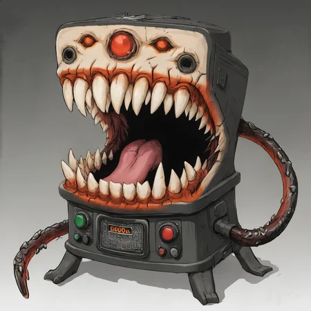 large teeth, gaping mouth, a Electric heater mimic<lora:EnvyMimicXL01:1>