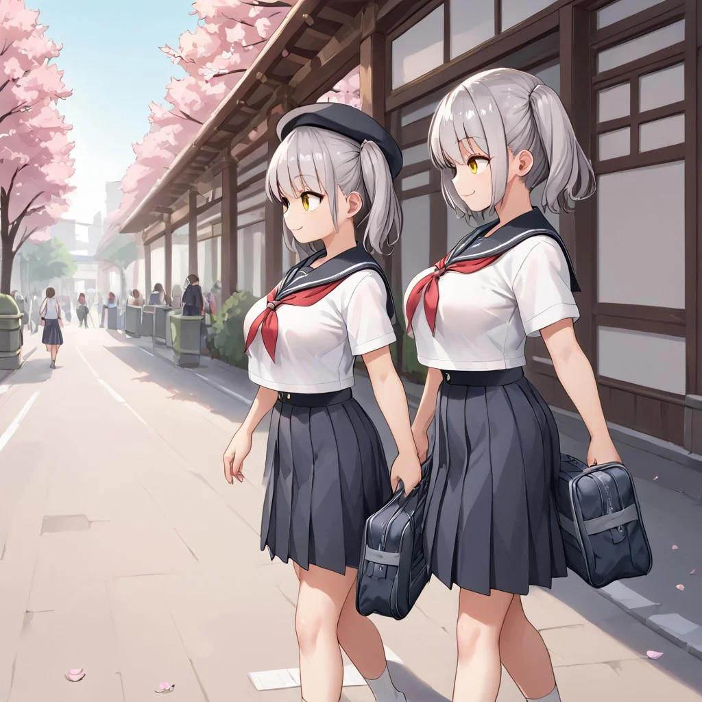 score_9, score_8_up, score_7_up, BREAK source_anime, multiple girls walking on the street, belorta, gray hair, twintails, shorthair, yellow eyes, big breast,
school uniform, sailor fuku, beret, school bag, wearing school bag, smile, walking, school background, street, cherry blossom, looking away, from side view,