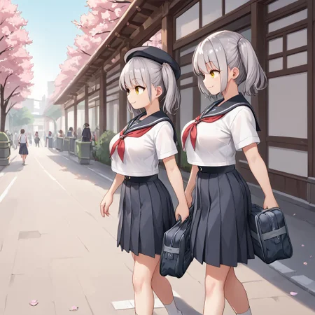 score_9, score_8_up, score_7_up, BREAK source_anime, multiple girls walking on the street, belorta, gray hair, twintails, shorthair, yellow eyes, big breast,
school uniform, sailor fuku, beret, school bag, wearing school bag, smile, walking, school background, street, cherry blossom, looking away, from side view,