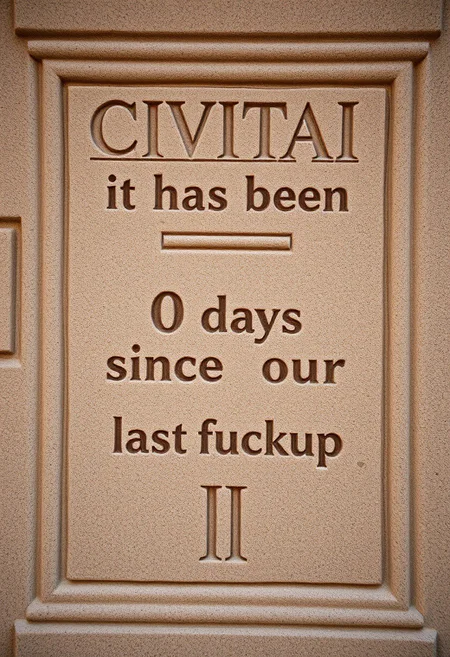 chiseled into a stone tablet:
"Civitai -  it has been | 0 | days since our last fuckup"