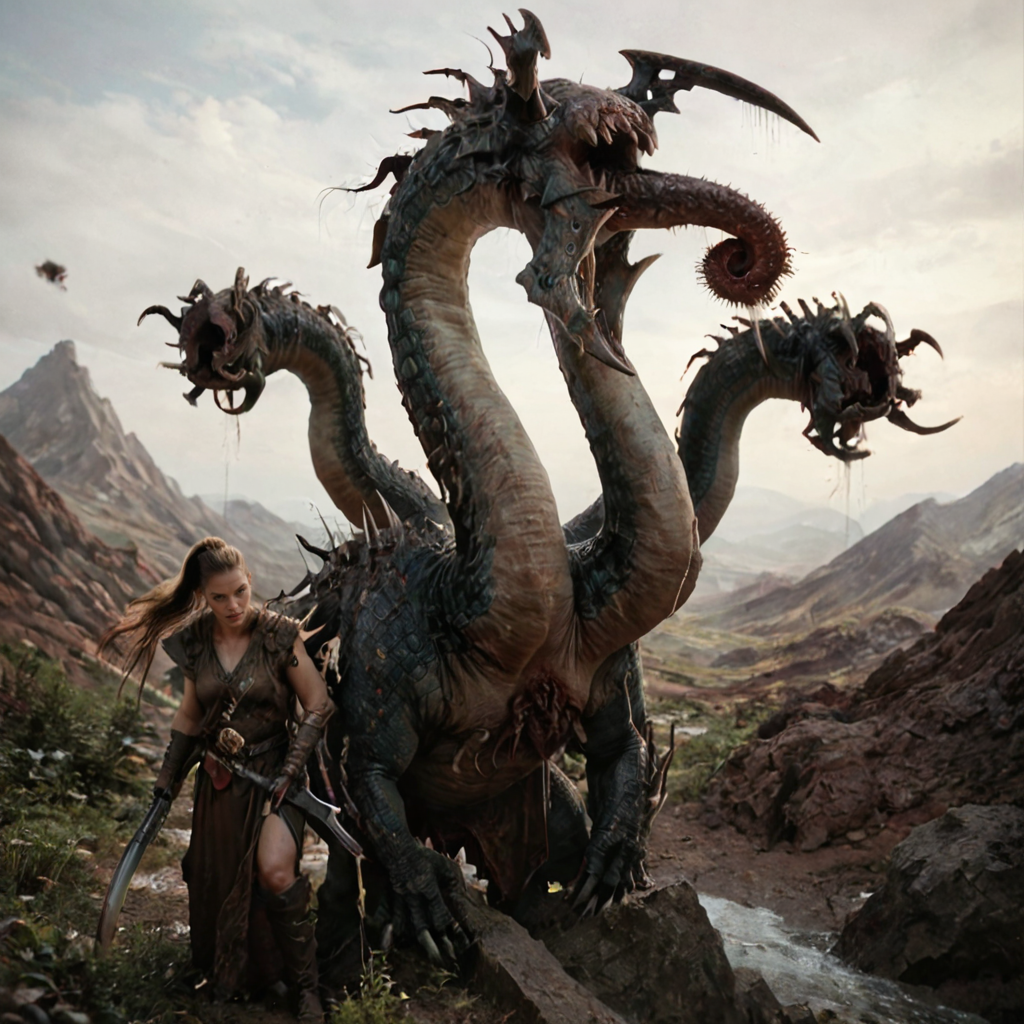 hires digital photo, photorealism, simple white background, full view, panoramic, <lora:DEKharibdyssPonyXL:0.8> whdekhar@, 1 kharibdyss monster with 5heads and claws, behind it 2 female beastmasters who are dual wielding swords and whips, PonyXL_Scores, intricate details, high resolution,, rating_explicit