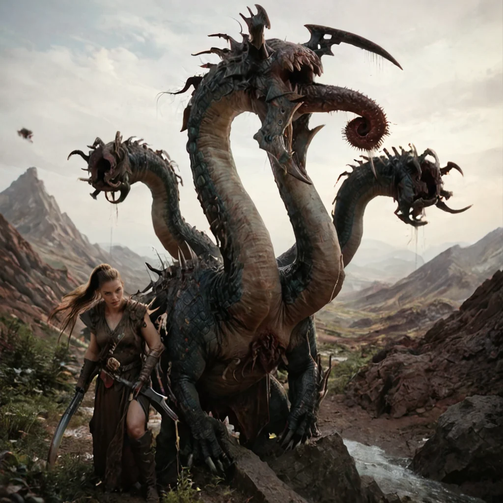 hires digital photo, photorealism, simple white background, full view, panoramic, <lora:DEKharibdyssPonyXL:0.8> whdekhar@, 1 kharibdyss monster with 5heads and claws, behind it 2 female beastmasters who are dual wielding swords and whips, PonyXL_Scores, intricate details, high resolution,, rating_explicit