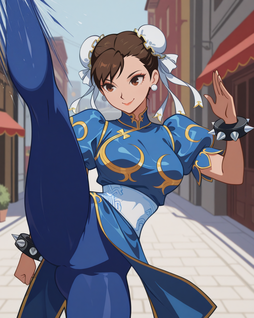 masterpiece,best quality,higres illustration,detailed face,1girl,<lora:minimaltoon_IL:1>,minimalism,smile,cowboy shot,chun-li,kicking,street,