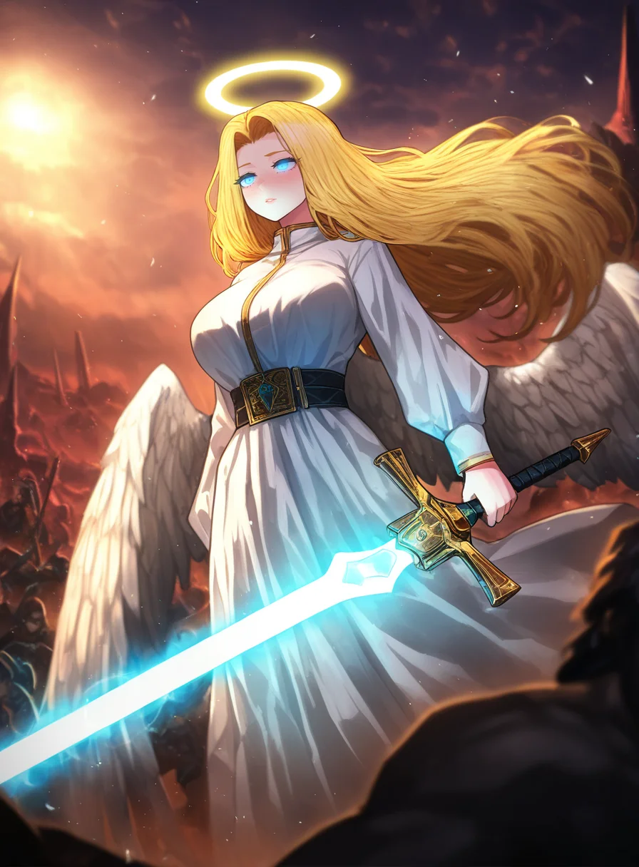 masterpiece, best quality, very aesthetic,gloss,uncensored,
BREAK
1girl, large breasts, angel wings, angel, white robe, blonde hair,long hair, flying, holding sword, glowing sword, glowing eyes, toga, fantasy, battlefield, outdoors, halo, blue eyes, floating hair,
<lora:nai_ga-ill-fandingo:1>