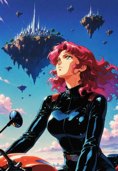 masterpiece, best quality, amazing quality, very aesthetic, high resolution, ultra-detailed, absurdres, deep highlights/shadows, volumetric lighting, colorful, scanlines, retro artstyle, retro illustration, knva BREAK (1girl), woman, (mature:1.2), redhead, medium-length curly hair, colorful motorcycle riding outfit, riding motorcycle helmetless BREAK daytime, blue sky, (city background:1.1), (floating island districts:1.3), flying barges, (floating megastructures in the clouds) BREAK cinematic, from below, (face focus:1.3)