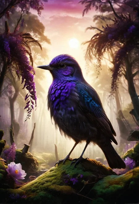 ral-apoctvisn, dark, chiaroscuro, low-key, breathtaking masterpiece showcasing a gorgeous little bird, Violet-crowned nymph, bathed in soft, golden morning light, surrounded by vibrant bokeh balls that frame its delicate form. The image will be rendered in sharp detail, capturing every feather and intricate feature of the bird with stunning clarity. The soft, diffused lighting will enhance the warmth and radiance of its plumage, while high-quality bokeh adds a magical touch to the scene. Multiple image exposures will be expertly combined to emphasize the bird's vibrant colors and captivating gaze, resulting in a lifelike portrayal of tranquil beauty.
The artwork will feature shimmering digital colors in a mixed media style on textured paper, creating an overlapping, asymmetrical, abstract composition bursting with vibrant hues. Every inch of the image will be filled with intricate details, from the feathers of the nymph to the surrounding environment, all depicted in extreme detail. The wide range of colors will add depth and richness to the scene, with soft shadows and low saturation tones creating a serene yet evocative atmosphere.
With insane quality, resolution, and details, the final image will be a true masterpiece of nature photography, showcasing dramatic, dynamic, and cinematic elements. The sharp details will bring the scene to life, immersing viewers in the beauty and wonder of the Violet-crowned nymph in a way that is both breathtaking and captivating.
