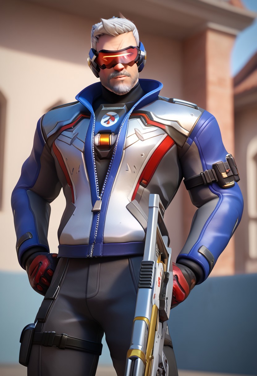 sscore_9, score_8_up, score_7_up, masterpiece, best quality, ultra-detailed, very aesthetic, 3d, ultra detailed eyes, 1male, mature male, muscular, bara, defined face, masculine face, face, soldier 76 \(overwatch\), new76, short hair, white hair, visor, facial hair, (beard, mustache: 1.3), scar on face, scar on mouth, large pectorals, jacket, long sleeves, black pant, gloves, boot, dynamic pose, holding weapon, rifle, assault rifle, detailed background, depth of field, blurry background, looking at viewer,