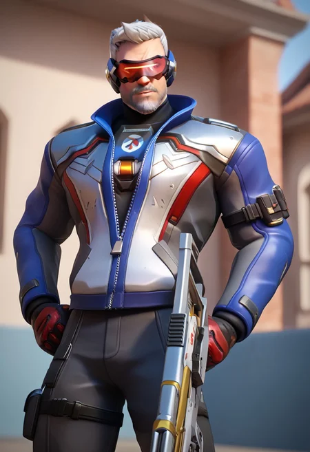 sscore_9, score_8_up, score_7_up, masterpiece, best quality, ultra-detailed, very aesthetic, 3d, ultra detailed eyes, 1male, mature male, muscular, bara, defined face, masculine face, face, soldier 76 \(overwatch\), new76, short hair, white hair, visor, facial hair, (beard, mustache: 1.3), scar on face, scar on mouth, large pectorals, jacket, long sleeves, black pant, gloves, boot, dynamic pose, holding weapon, rifle, assault rifle, detailed background, depth of field, blurry background, looking at viewer,