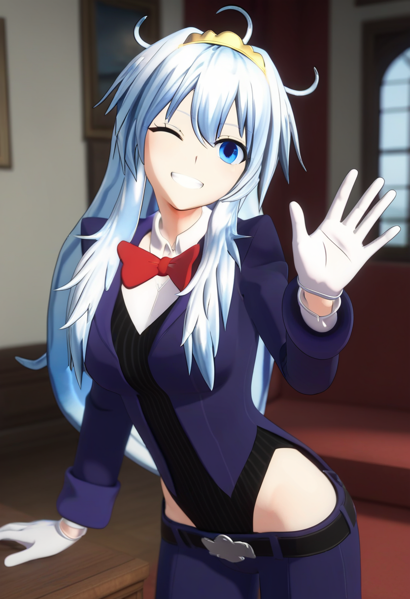 score_9, score_8_up, score_7_up, 3d, solo, 1girl, mirabelle, smile, looking at viewer, waving, white hair, ahoge, tiara, blue eyes, one eye closed, blue jacket, long sleeves, black leotard, white shirt, red bow, white gloves, blue pants, belt, indoors <lora:mirabeaustudios_mirabelle_ponyXL:0.9>
