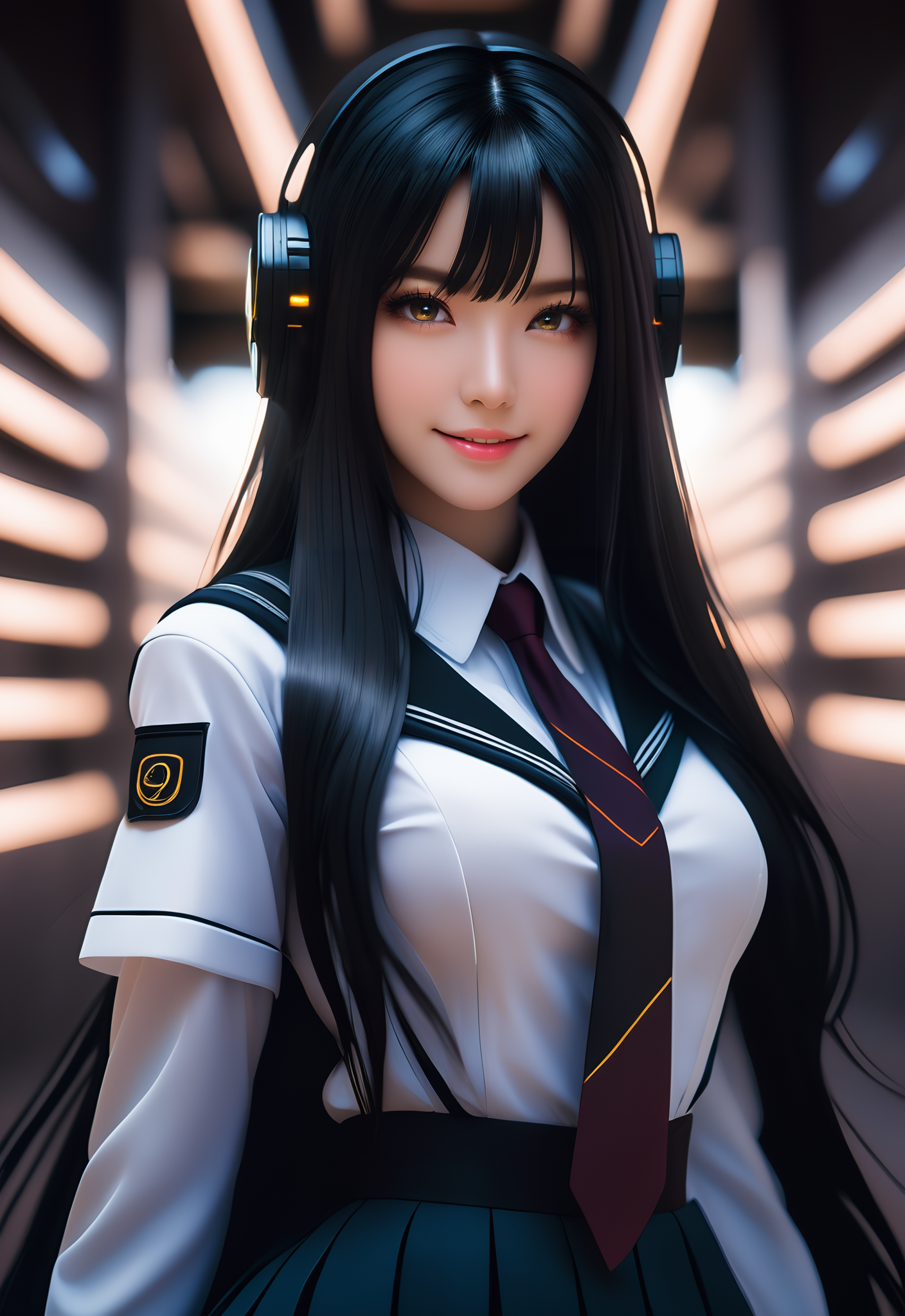 Imagine a stunningly beautiful woman, long black hair, black eyes, cyberpunk, halo, school uniform, symmetrical eyes, symmetrical face, straight hair, smile, Slight Blush, science fiction, photography, shooting 70mm, depth of field, f 8, soft shadows, 8k, Rembrandt Lighting, volume lighting, slight lens flare very detailed, lots of light and shadows, dynamic pose, sharp focus, intricate details, film, backlight, depth of field, F148, high contrast, 8k, film lighting, ethereal light, intricate details, film grains, Kodak 400, F1.8, Bokeh Blur, ISO 1900,3D, 8K, high contrast, surrealism, 8k, colorful, winning photos