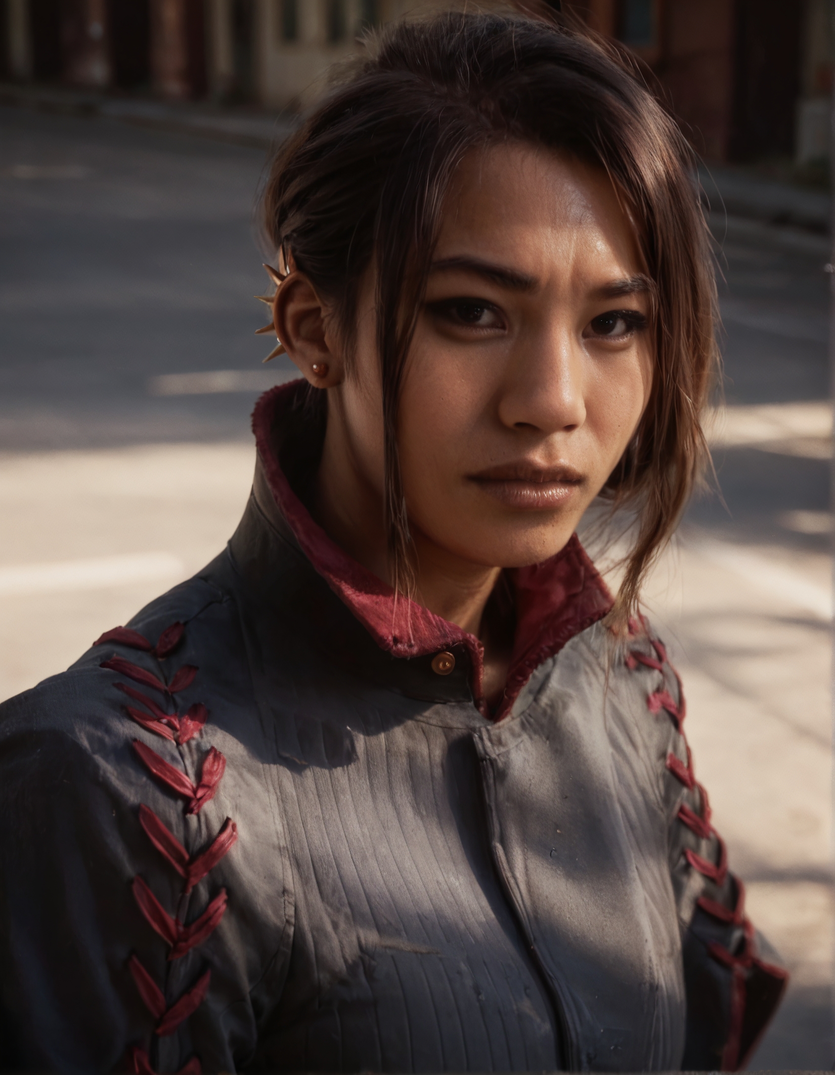score_9, score_8_up, score_7_up,score_6_up,high resolution,haymar,photo,realistic,asian,1girl,brown hair,hair bun,earrings,jacket,long sleeves,boots,pants, volumetric lighting,rim lighting,dramatic shadow,upper body,in street,dynamic pose,looking at viewer,from above