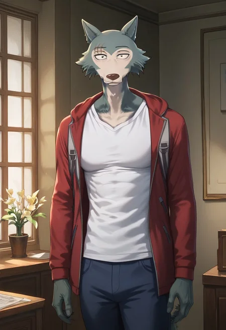 score_9_up, score_8_up, score_7_up, Masterpiece, best quality, high quality, detailed, male, solo male, 1boy, Legoshi, anthro, wolf, beastars, scar on right brow, mature male, animal ears, grayish blue fur, brown eyes, athletic build, wide hips, thick thighs, indoors, looking at viewer, standing, red jacket, white shirt, navy blue pants, half body