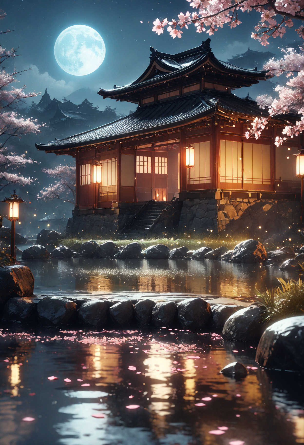 detailed landscape, japanese mansion, garden, small lake, cherry blossom, night, petals in the wind, lantern, cgi, reflection, moon, moonlight, fireflies, rocks, sand,no humans, masterpiece, best quality, very aesthetic, absurdres, <lora:add-detail-xl:1>,  <lora:MJ52:0.25>,  <lora:d4rk01lXLP:0.60> d4rk01l