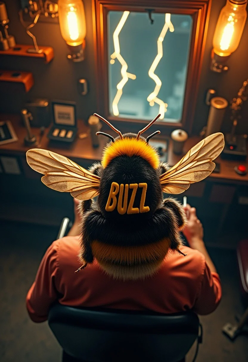 a human-sized bumblebee is getting a haircut from a human barber, the bumblebee is sitting on a chair getting a haircut, ((the bumblebee's head hair is cut so that the word "BUZZ" is visible similar to a stylized design cut into human hair)), POV barber's view from high above looking down at the back of the bumblebee's head, focus on bee's head, barber clippers visible in foreground, in the background is a barbershop: (electric sparks and shocks, lightning bolts, antique electrical equipment, antique knobs and switches, antique circuit boards, antique electrical gear, antique electrical hardware, antique electrical wires and plugs, dark background, ultra high details, neon lighting, electronic machine, antique, retrotech, amazing view, highly detailed, pyrotechnics), realistic, artistic, high depth of field. more lightning bolts, more hardware, more detail, more everything