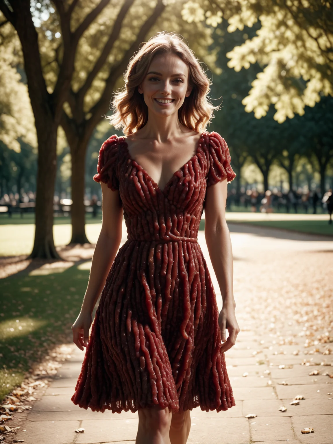 woman wearing mad-mince dress walking through a park, light smile <lora:Alles_wird_aus_Hack_gemacht_SDXL:0.8>, raw photo, film grain, (photorealistic, realistic:1.2), deep shadow, 8k, uhd, dslr, ultra high res