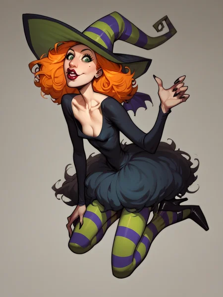 score_9, score_8_up, score_7_up, score_6_up, score_5_up, <lora:scarygodmotherXLP:0.8> scary godmother, 1girl, witch hat, solo, orange hair, striped pantyhose, lipstick, witch, dress, high heels, green eyes,
