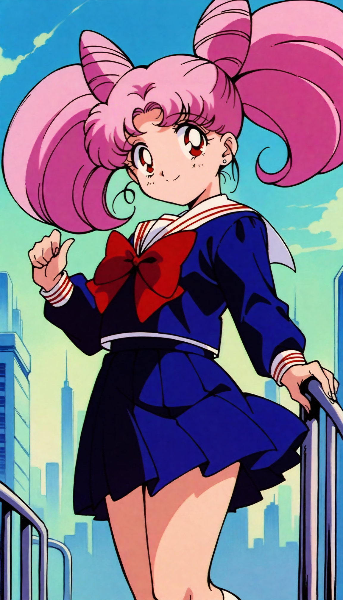 masterpiece,best quality,very aesthetic,absurdres,Sailor Chibimoon XL,1girl,solo,pink hair,skirt,twintails,cone hair bun,hair bun,school uniform,red eyes,retro artstyle,double bun,blue skirt,big hair,bow,sailor collar,jewelry,pleated skirt,1990s \(style\),serafuku,dark blue clothes,long sleeves,stud earrings,long sleeves,earrings,<lora:Sailor Chibimoon XL:0.8>,skyline,smile,