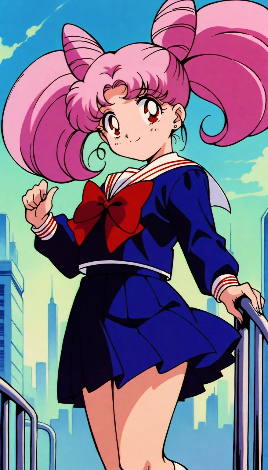 masterpiece,best quality,very aesthetic,absurdres,Sailor Chibimoon XL,1girl,solo,pink hair,skirt,twintails,cone hair bun,hair bun,school uniform,red eyes,retro artstyle,double bun,blue skirt,big hair,bow,sailor collar,jewelry,pleated skirt,1990s \(style\),serafuku,dark blue clothes,long sleeves,stud earrings,long sleeves,earrings,<lora:Sailor Chibimoon XL:0.8>,skyline,smile,