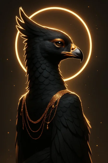 A majestic, anthropomorphic black bird character with sleek, dark plumage and a dignified, elegant presence. The character has the head of a raptor-like bird—similar to a hawk or eagle—with expressive golden eyes and a sharply curved beak, softly lit to highlight its reflective sheen. Its feathers are layered and subtly iridescent, catching warm highlights from the surrounding light. The figure stands upright with a graceful posture, adorned in delicate gold chains and ornamental jewelry draped over its shoulders like ceremonial regalia.

A glowing golden halo floats behind its head, casting soft, divine illumination that enhances the spiritual and noble aura of the character. Tiny golden light particles drift around in the air, adding a magical ambiance to the composition. The background is a muted, elegant gradient—deep browns to twilight grays—fading into soft darkness, keeping full focus on the celestial bird figure. The lighting is dramatic and divine, akin to classical portraiture, with a fantasy realism style that blends mythical storytelling with painterly finesse. The mood is reverent and timeless, evoking themes of royalty, wisdom, and cosmic grace.