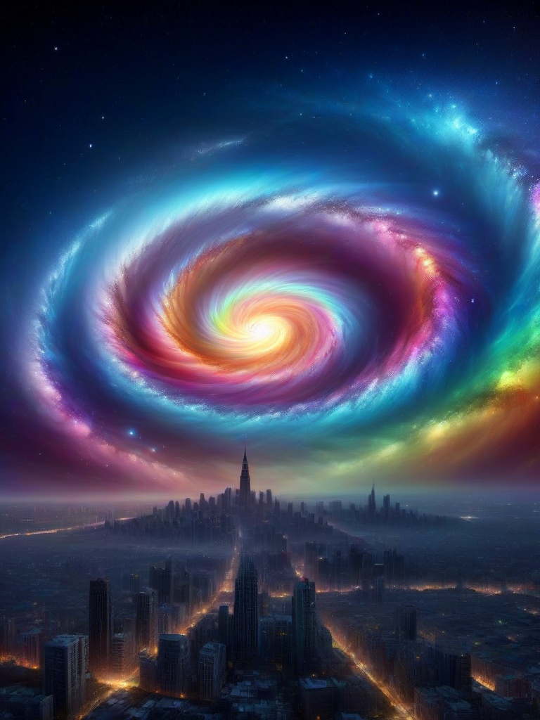 galaxy, (masterpiece), (extremely intricate:1.3), (realistic),a scene of a city at night, in the sky a rainbow spiral galaxy, dark scene, realistic, 4k, masterpiece
