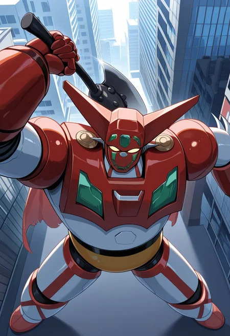 score_9, score_8_up, score_7_up, score_6_up, score_5_up, score_4_up, 4k quality, detailed, dramatic lighting, (getter robo, super robot, mecha), solo, 1boy, axe, holding axe, (no humans), best quality, masterpiece, in city, bright sunny day, ((from above)), looking at viewer