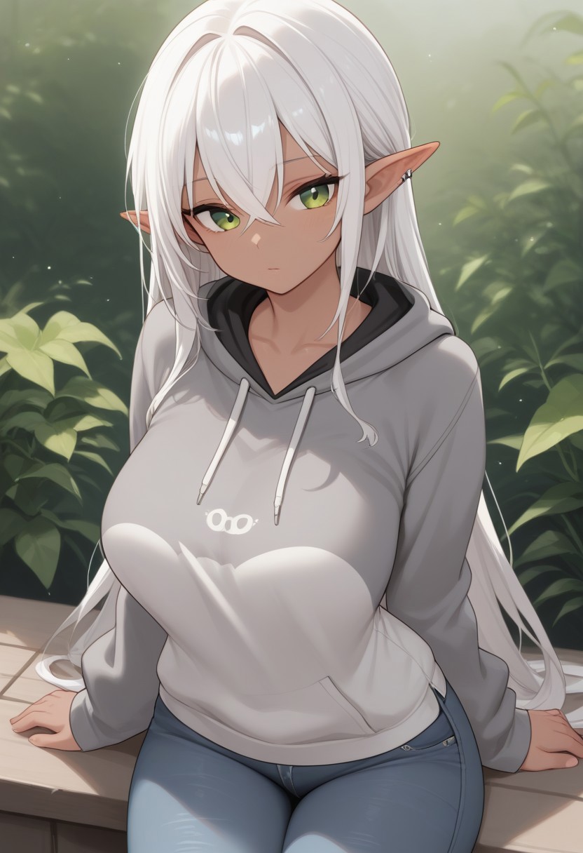 score_9, XeraChan, grey hoodie, jeans,