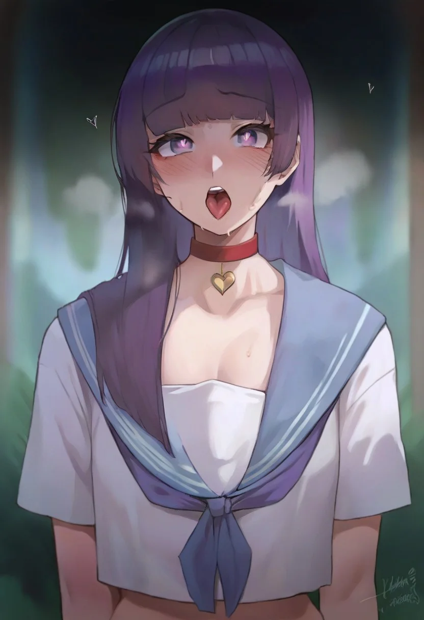 score_9, score_8_up, score_7_up, Mevak_PS, source_anime, hi res, masterpiece, best quality, highres, female focus, red choker, serafuku, blush, open mouth, tongue out, looking at viewer, blue sailor collar, short sleeves, upper body, collarbone, teeth, shirt, heart choker, sweat, neckerchief, zPDXL, zPDXLxxx, purple eyes, fern (sousou no frieren), fern, long hair, bangs, (purple eyes:1.1), purple hair, sidelocks, blunt bangs, bright pupils,