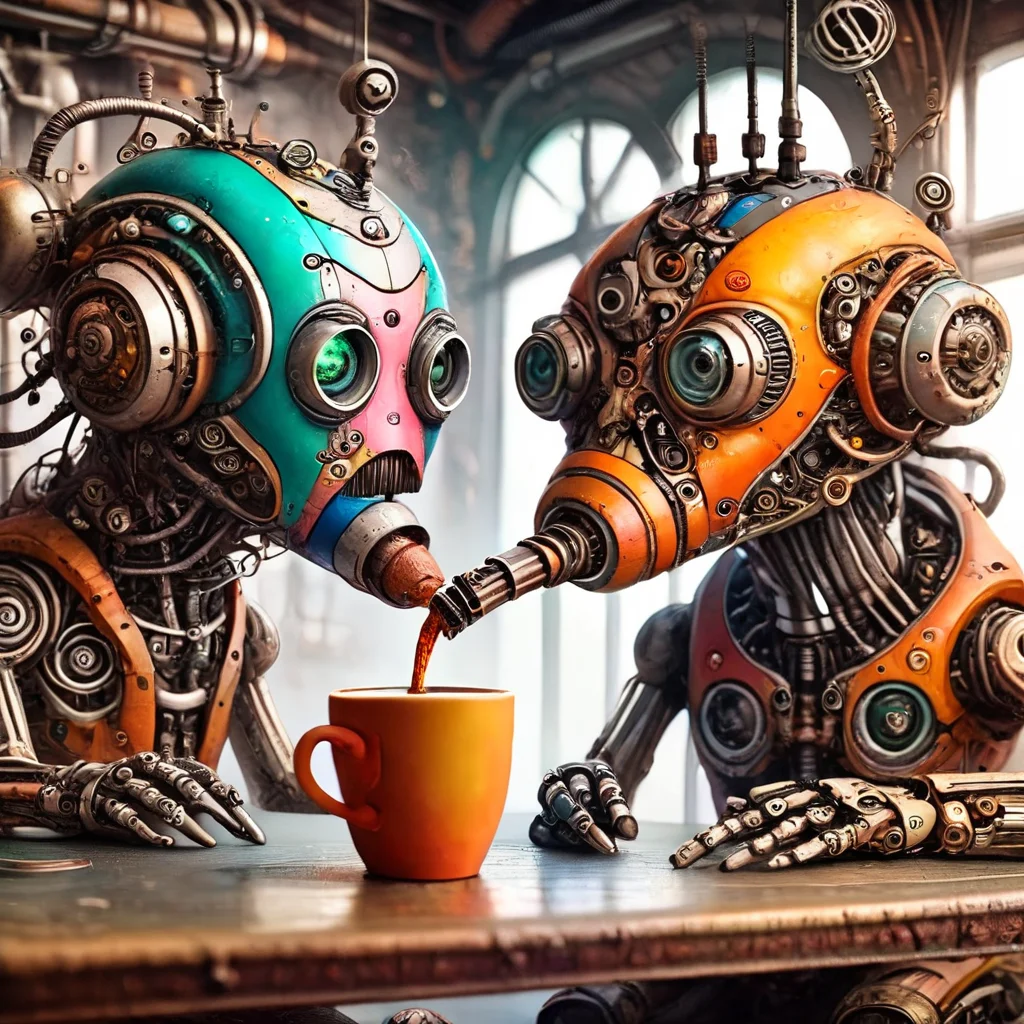 fantoria coffee drinking robots, colorful <lora:fantoria:1>