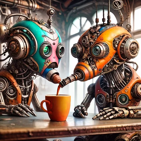 fantoria coffee drinking robots, colorful <lora:fantoria:1>