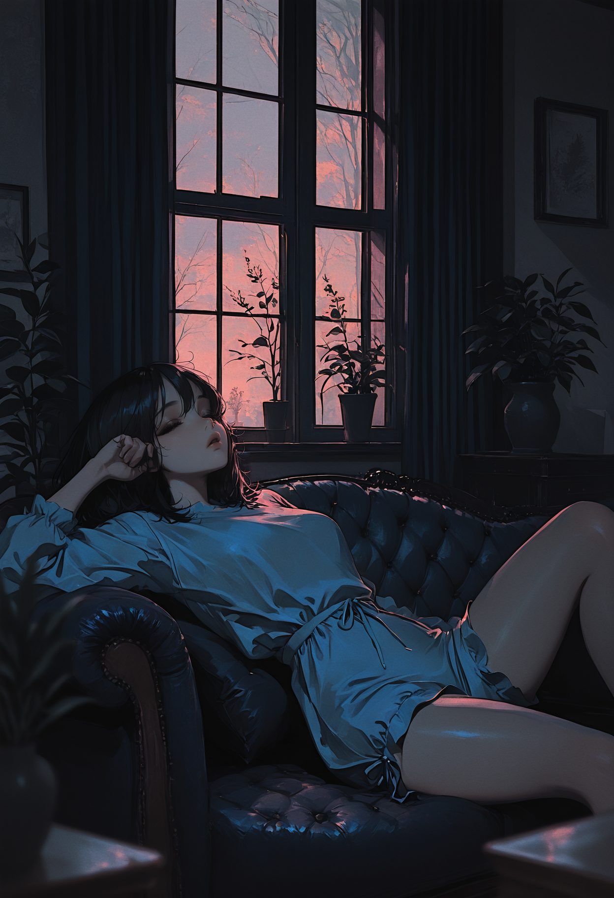 masterpiece, newest,absurdres,incredibly absurdres, best quality, amazing quality, very aesthetic, muted color, volumetric lighting, 1girl, blue couch, arm support, large window, curtain, sleepy, adult romper, potted plant, blurry foreground,
<lora:skzW0rld-IXL:1> skzW0rld <lora:DRKWB:1>
