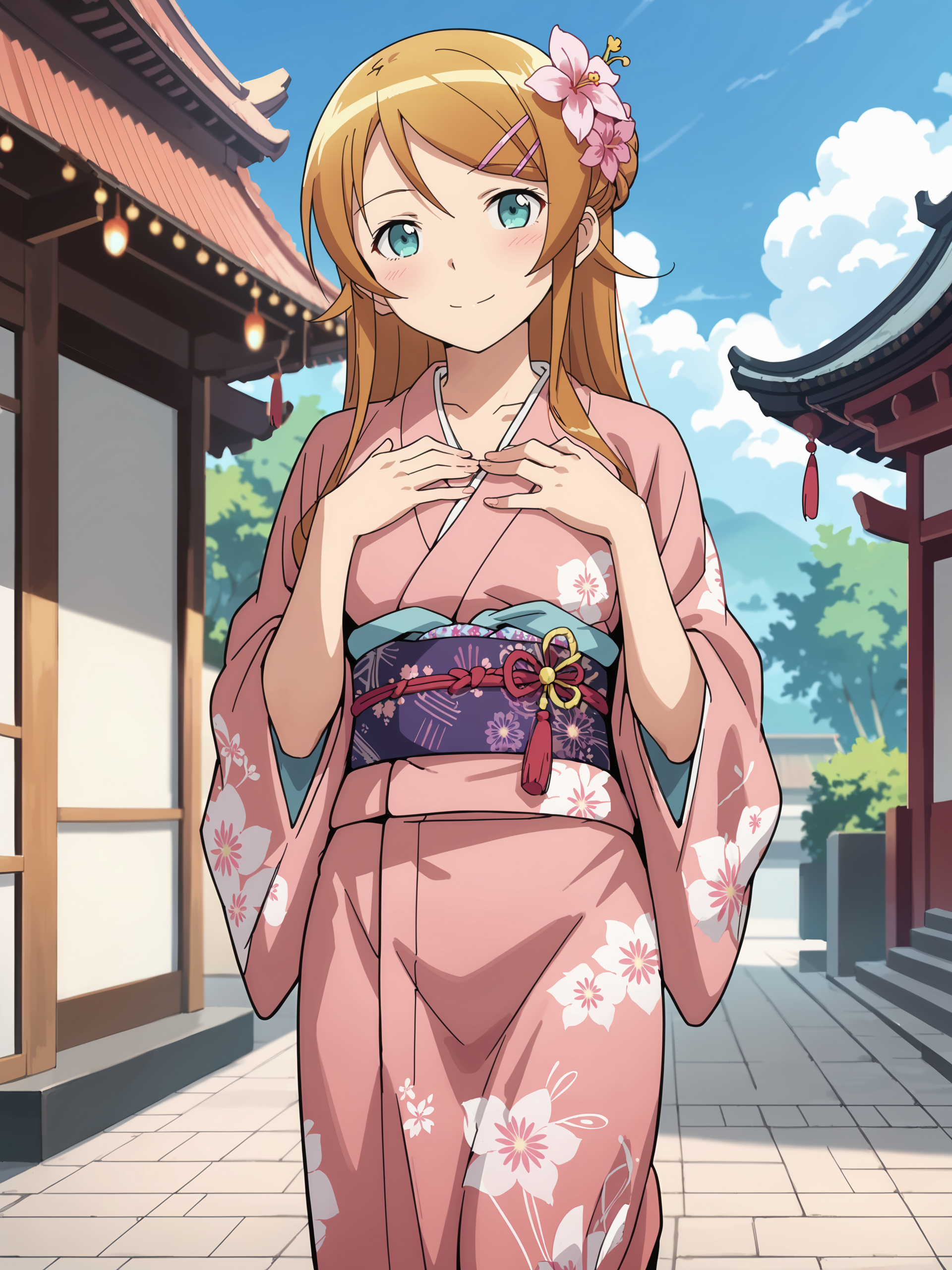 score_9, score_8_up, score_7_up, source_anime, ray tracing, best quality, anime screenshot, anime coloring,  <lora:Char-Kousaka_Kirino-V1-Pony:0.9:hr=0.6>, 1girl, kousaka kirino, hair clip, solo, kimono, hair flower, obi, sash, tabi, standing, cowboy shot, hands on own chest, light smile, east asian architecture, outdoors, blurry background, masterpiece