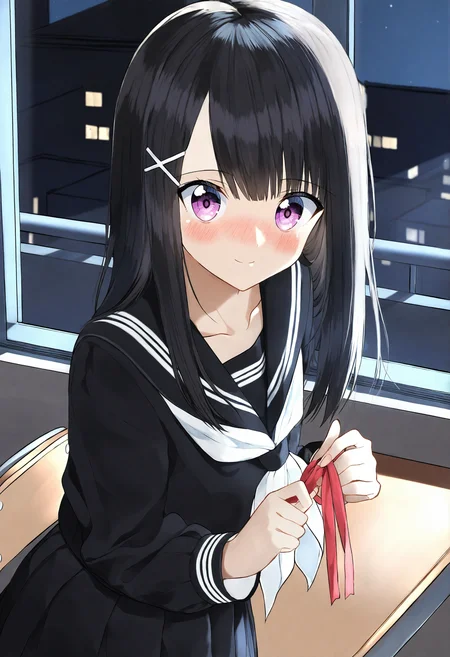 <lora:penta1_noob1.1-000139:0.9>,
1girl, solo, serafuku, school uniform, blush, pleated skirt, neckerchief, skirt, hair ornament, red ribbon, black hair, ribbon, black sailor collar, sailor collar, black serafuku, white neckerchief, black skirt, indoors, purple eyes, long sleeves, nose blush, x hair ornament, shirt, closed mouth, black shirt, window, long hair, looking at viewer, hairclip, smile, night, desk, school desk, collarbone, holding,
masterpiece,best quality,newest,absurdres,highres,very awa,