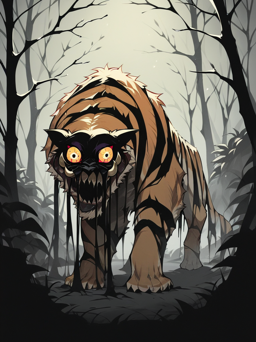 score_9, score_8_up, score_7_up, score_6_up, score_5_up,  <lora:dreamtigerXLP:1> dream tiger, no humans, solo, teeth, plant, night, horror \(theme\),