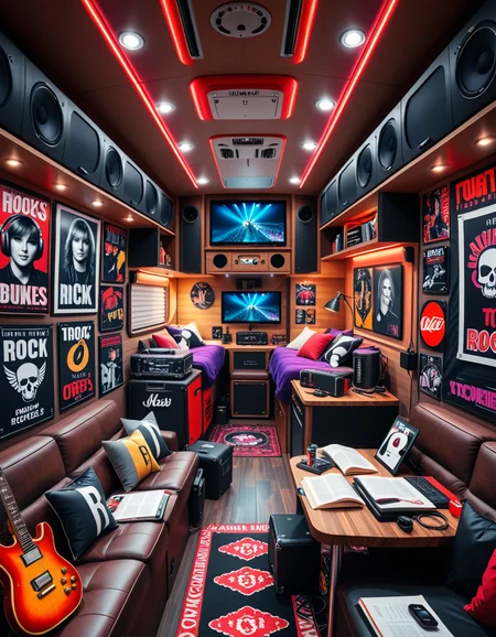 The interior of a modern RV customized for a rock band on tour. The space is stylish and lived-in, filled with musical gear like guitar cases, amps, and a drum pad. Posters of famous rock bands and tour memorabilia cover the walls. There are leather couches, a small kitchenette with snacks and energy drinks, and a cluttered table with laptops, cables, and setlists. A narrow hallway leads to sleeping bunks with personal items like headphones, books, and clothes tossed around. The lighting is warm with LED strips in red and purple tones, giving it a cozy but edgy atmosphere. A small TV displays concert footage, and speakers are mounted on the ceiling. The whole scene feels energetic, artistic, and chaotic in a creative way. Realistic style, rich colors, and highly detailed environment.
<lora:SDXLFaeTastic2400:0.4> <lora:extremely_detailed:0.4> extremely detailed <lora:r0ck_b4nd_rv:1>r0ck b4nd rv, Masterpiece,best quality,hi res,8k,hi res,8k,award winning,(sharp focus, intricate, highly detailed),