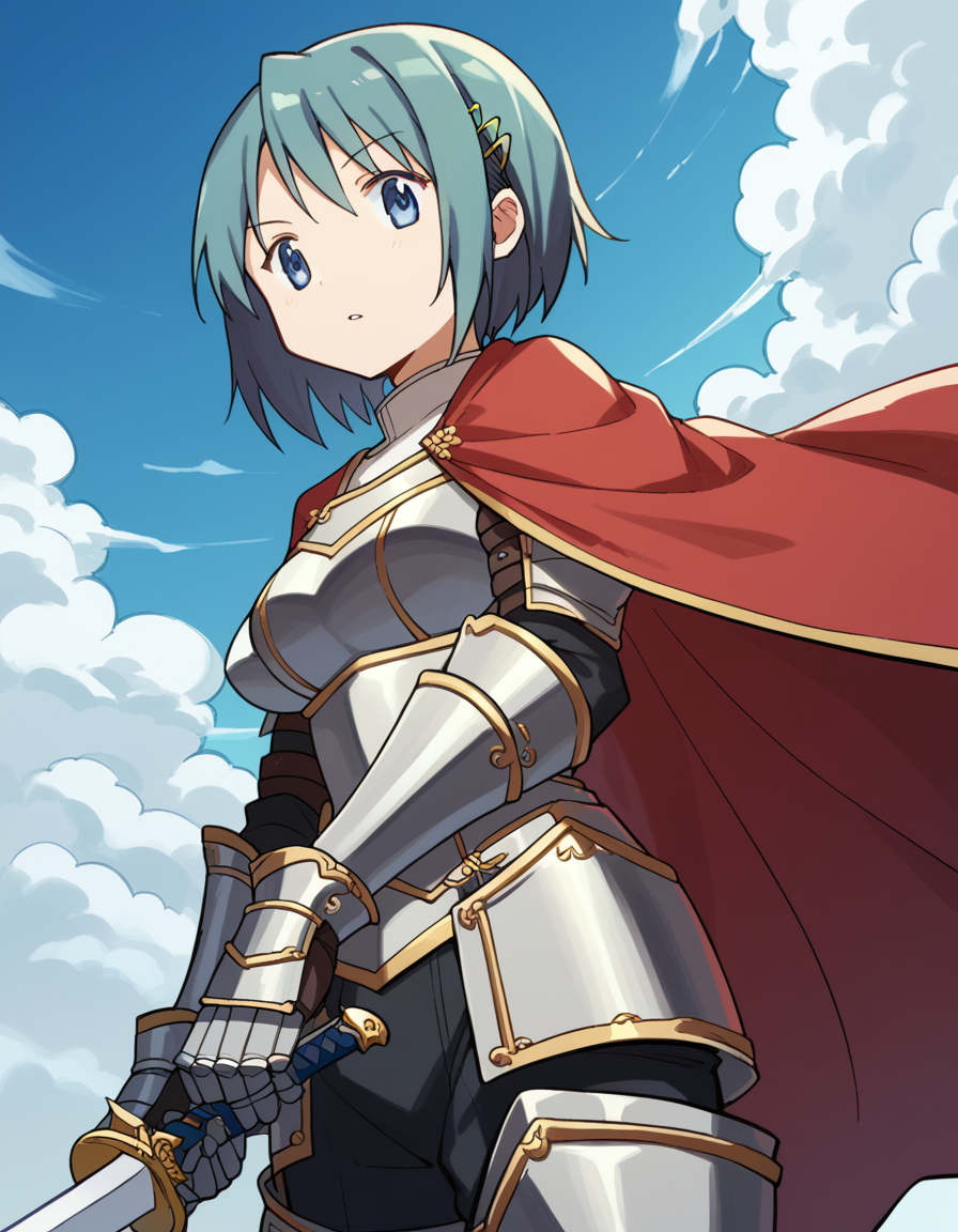 score_9, score_8_up, score_7_up, source_anime, <lora:sayaka-miki-s1-ponyxl-lora-nochekaiser:1>, sayaka miki, short hair, blue eyes, hair ornament, blue hair, hairclip, medium breasts,, <lora:knight-ponyxl-lora-nochekaiser:1>, knight, armor, cape, sword, weapon, holding weapon, shoulder armor, gauntlets, helmet, pauldrons, red cape,, blue sky, clouds, from below, parted lips, looking at viewer, , dutch angle, cowboy shot