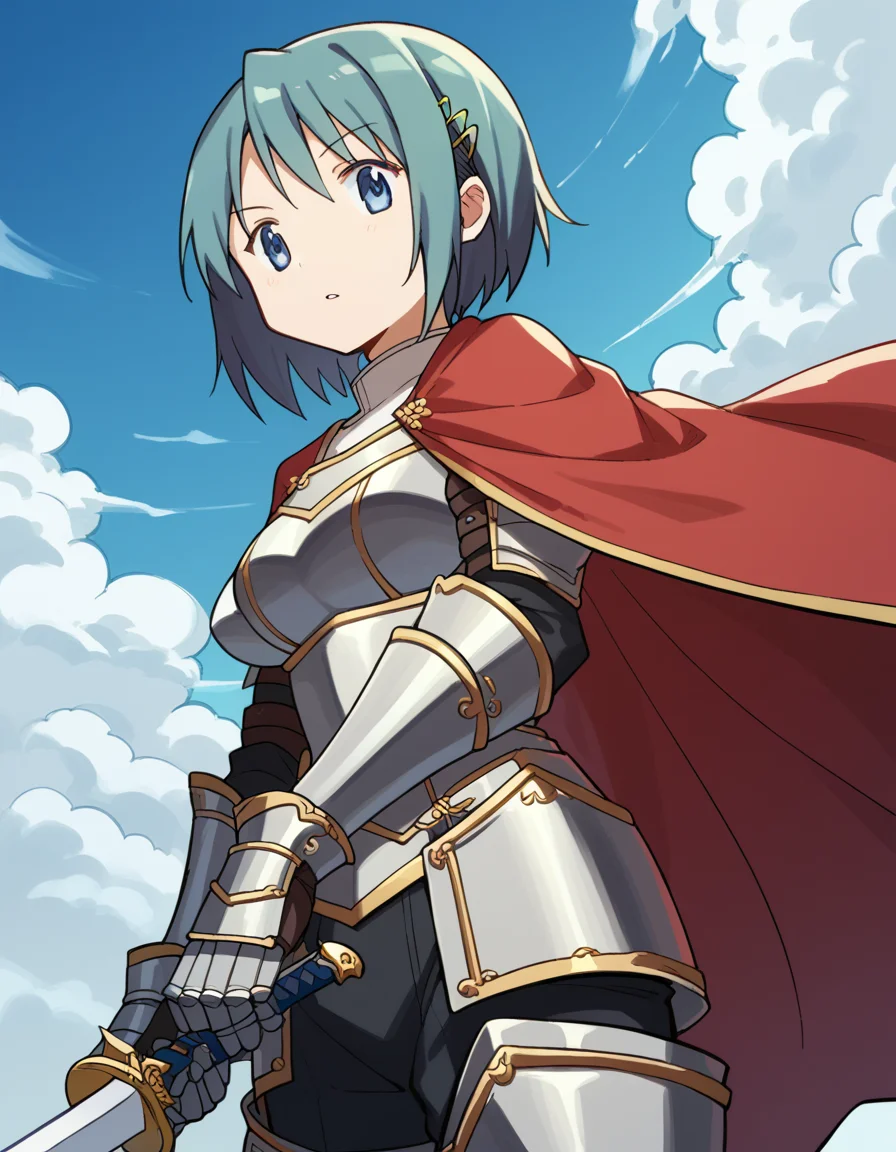 score_9, score_8_up, score_7_up, source_anime, <lora:sayaka-miki-s1-ponyxl-lora-nochekaiser:1>, sayaka miki, short hair, blue eyes, hair ornament, blue hair, hairclip, medium breasts,, <lora:knight-ponyxl-lora-nochekaiser:1>, knight, armor, cape, sword, weapon, holding weapon, shoulder armor, gauntlets, helmet, pauldrons, red cape,, blue sky, clouds, from below, parted lips, looking at viewer, , dutch angle, cowboy shot