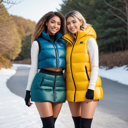 (full body shot),cute two american tall women,unique, wearing a (cropped) cropped_puffer_vest winter puffer skirt, unique hair styles, 8k uhd, dslr, soft lighting, high quality, photorealistic, realism, hyperrealism, smile , outdoors scene, kawaii photoshoot
<lora:cropped_puffer_vest_v2-000008:0.4>