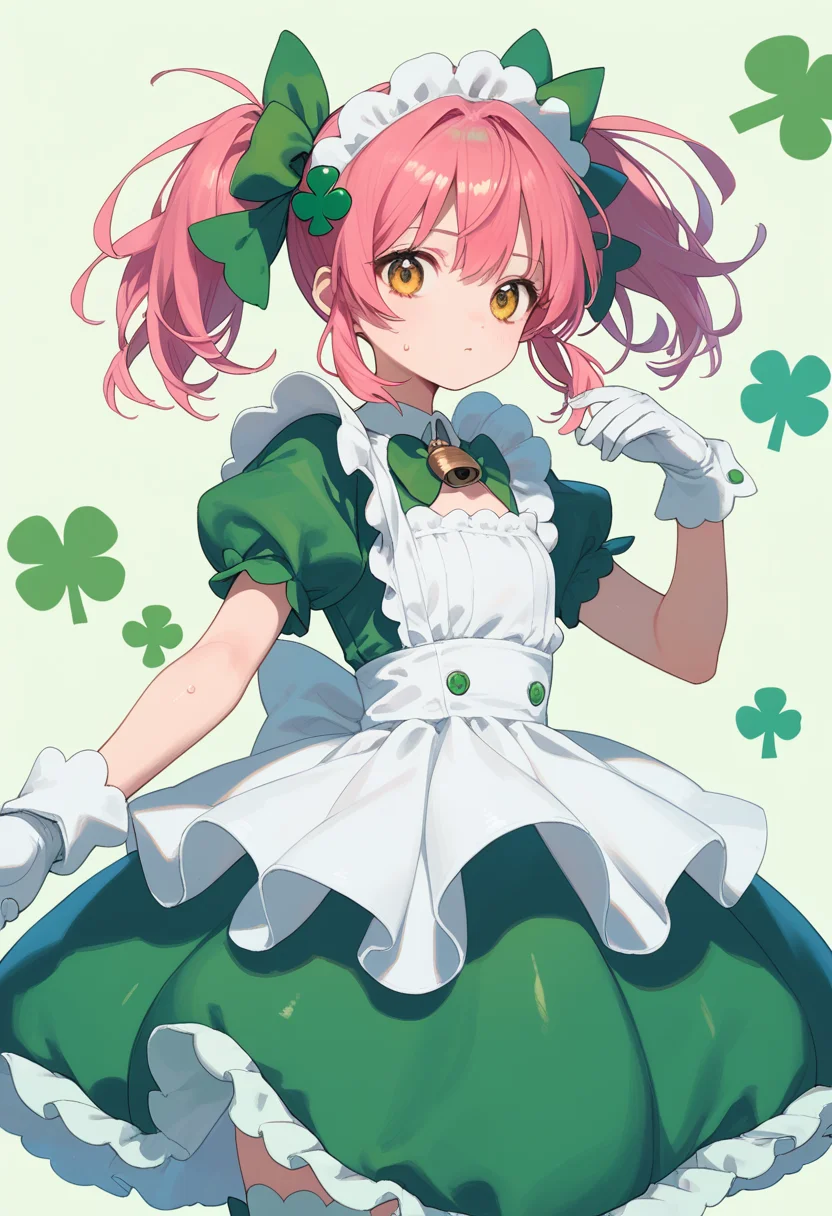 score_9, score_8_up, score_7_up, score_6_up, anime_lineart
1girl, solo,
<lora:amulet_clover:1> amulet_clover, gloves, dress, twintails, medium hair, pink hair, hair ornament, lock button, yellow eyes, bow, short sleeves, puffy sleeves, puffy short sleeves, green dress, white gloves, maid, apron, magical girl, bangs, clover (shape), thighhighs
sweat, shiny skin,