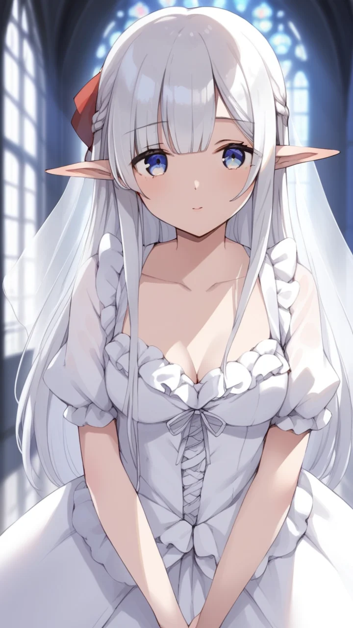 score_9, score_8_up, score_7_up, source_anime, BREAK
1girl, solo, upper body, indoors, hallway, church, looking at viewer, <lora:Nephilia:0.8>, nephilia, white hair, very long hair, (blue eyes:1.2), braid, pointy ears, elf, red bow, blunt bangs, collarbone, (wedding dress:1.3), frills, white dress, cleavage, (small breasts:1.3), (smile:0.6), veil, shy