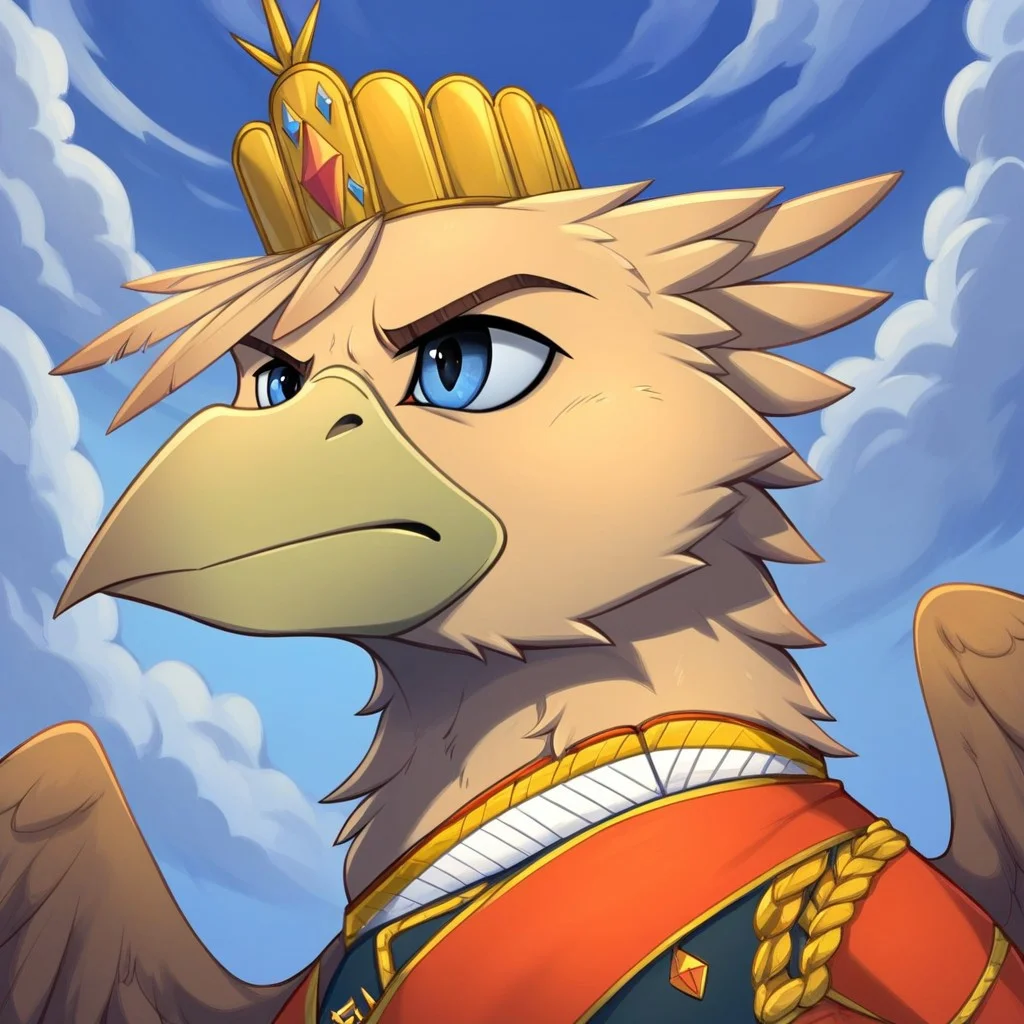 masterpiece, score_9_up, score_8_up, score_7_up, score_6_up, (best quality:1.1), ultra-detailed, high resolution, solo, Grover_VI, griffon, feral, avian, beak, male, eyebrows, blue eyes, feathers, wings, feathery ears, determined expression, military royal clothes, kaiser crown, detailed facial features, portrait, upper body, expressiveh, simple background, highly visible, sharp focus, anatomically correct